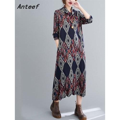Long sleeve plus size cotton vintage for women casual loose spring autumn winter dress elegant clothes 2021 ladies dresses