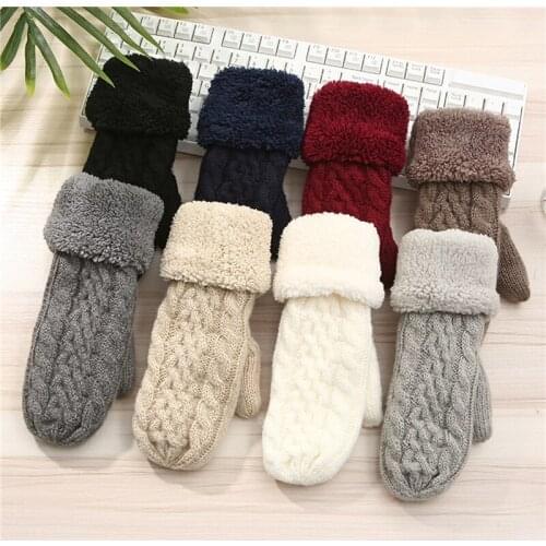 Winter Women Keep Warm Plus Velvet Inside Thicken Knitting Mittens Full Finger Cycling Woolen Gloves Japanese Style Cute Lovely