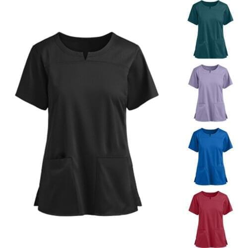2021 Womens Short Sleeve V-Neck Pocket Care Workers T-Shirt Tops Summer Workwear Tops Solid Printed Nurse Uniform Clinic Blouse