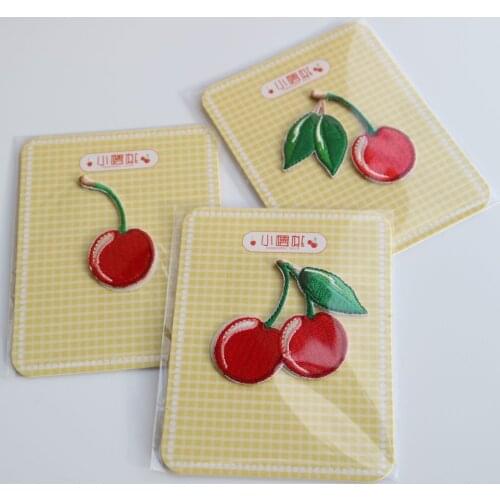 3pc/set sticker-on embroidery cherry patches embroidered sticker parches appliques for clothing fruit badge parches para la ropa