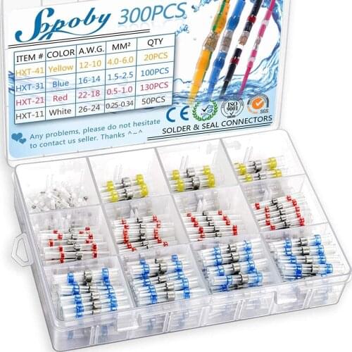 300PCS Solder Seal Wire Connectors Heat Shrink Solder Butt Connectors Terminals Connector Kit Automotive Marine Insulated Pack