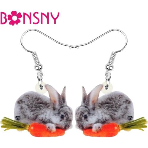 Bonsny Acrylic Gray Easter Hare Rabbit Bunny Carrot Earrings Print Animal Dangle Drop Jewelry For Women Kids Charm Festival Gift