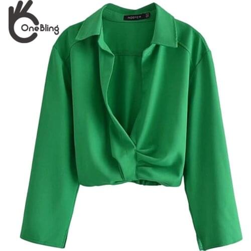 OneBling Green White Summer Women Casual Blouses Deep V Wrist Sleeve Ruched Draped Detail Slim Cropped Shirts Female Tops 2021