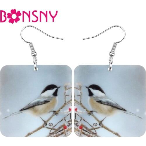 Bonsny Acrylic Square Gray Parus Tit Earrings Printing Tree Big Cute Bird Animal Dangle Drop Jewelry For Women Girls Funny Gift