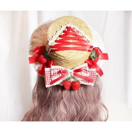 Strawberry Red Plaid Lolita Straw Hat Lolita Bow Lace Sunshade Flat Cap Girl Cosplay Womens Tea Party Beach Hat B1465