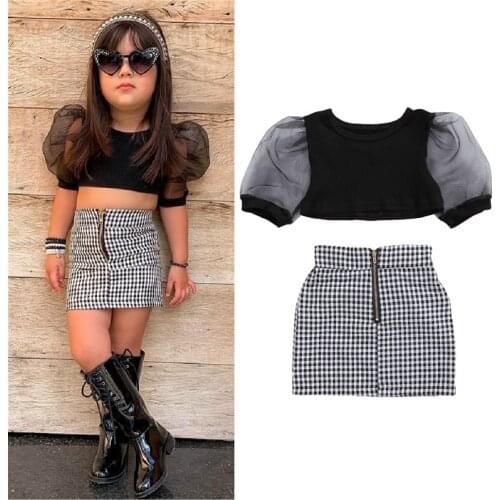 Fashion Toddler Baby Girls Clothes Kids Summer Puff Sleeve Mesh T-shirts Tops Plaid Print Zipper Skirt Outfit Sets 1-6Y