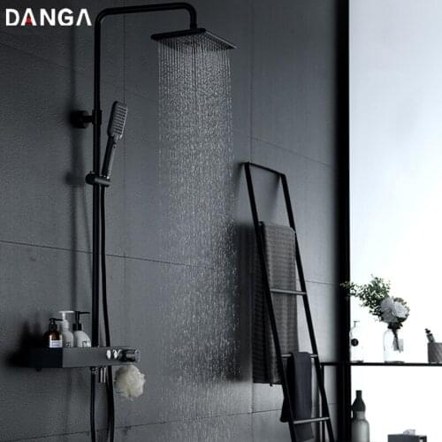 Black Shower Faucet Set Bathroom Shower System Toilet Pressurized Shower Head Multifunctional Hand Shower With Storage Shelf
