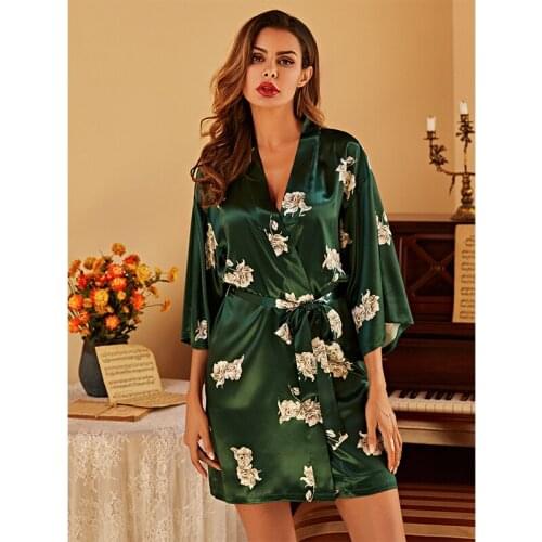 Night Dress Women 2021New Ladies Nightgown Summer Pajamas Casual VNeck Dressing Home Service Robe Printing Kimono Sexy Sleepwear