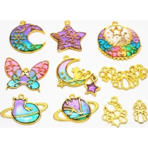 10pcs Stars moon butterfly flower Metal Frame Pendant Gold Charm Bezel Setting Cabochon Setting UV Resin Charm Jewelry Making