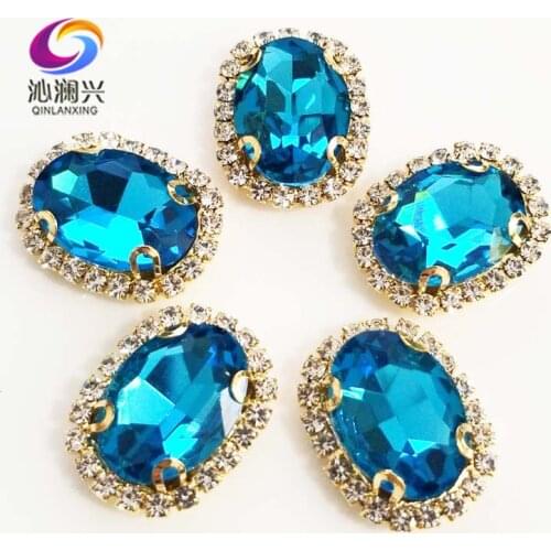 Lake blue oval shape top quality Glass Crystal buckle,golden base sew on rhinestones,Diy/Clothing/wedding decoration SWTKG23
