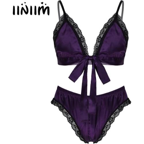 Sexy Mens Lingerie Sissy Crossdresser Costsume Shoulder Straps Lace-up Bra Top with Briefs Satin Pajama Set Lace Trim Nightwear
