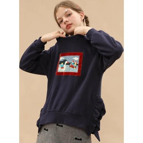 Casual New Tracksuit Women Printed Long Sleeve Hoodies O-neck Pullovers Ruffle Sliped Hem Female Sweatshirts Cotton Loose Tops