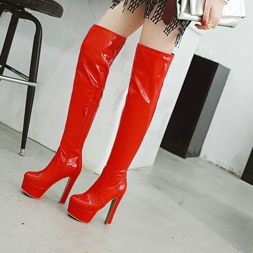 Sexy Patent Leather Womens Shoes Thick Soled Square Root Over the Knee Boots Women Winter High Boots Side Zipper Warm Boots