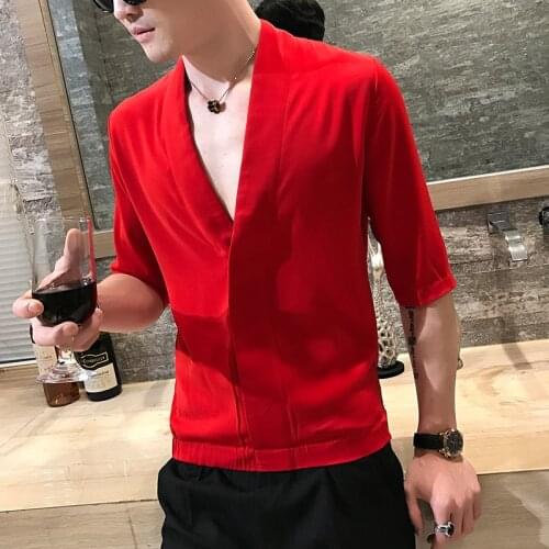 Deep Pullolver Sexy Shirt Red Pink Black White 5 Colors Summer Shirt Men Herren Hemd Slim Fit Thin Solid Designer Shirt Men