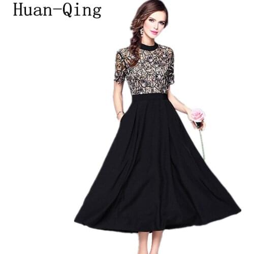 Sexy Lace Embroidery Patchwork Slim Black Ball Gown Long Dress Runway Women Short Sleeve Elegant Party Dresses Vestido De Festa