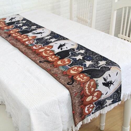 Halloween Festival Pumpkin Black Cat Table Runners Jacquard Rectangular Table Covers Home Decoration Gifts Tassels Table Cloth
