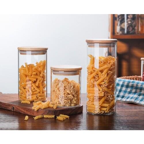 1PC Glass Food Storage Bottle Bamboo Cover Sealed Grains Nuts Tank Can Kitchen Sorting Food Storage Box Container JM 004