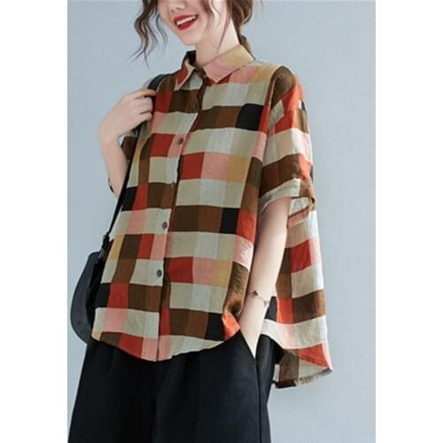 Oversized Checkered Plaid Cotton Linen Womens Shirts New 2021 Summer Loose Short Sleeve Irregular Tops Cardigans Lady Blouses