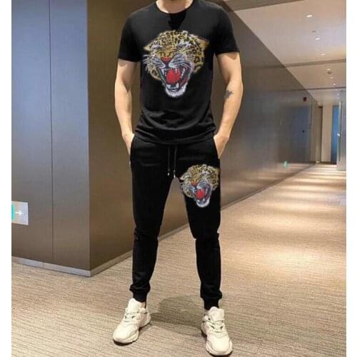 Hot sale Hip Hop Trousers+ tshirt New Rhinestone tracksuit Men Casual Pockets Fitness Sports suits