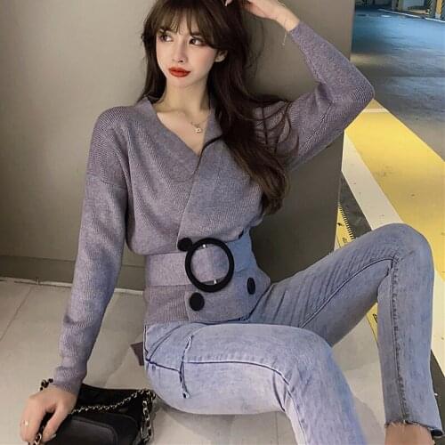 Korean Fashion Sweater Women V Neck Double breasted Pullovers Oversized Knitted Sweaters With Belt Pull Femme