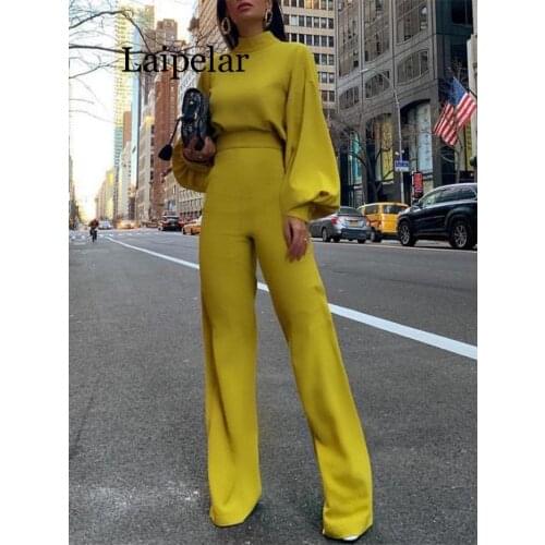 2019 Women Elegant Fashion Slim Fit Yellow Solid Skinny Casual Overalls Office Look Work Lantern Sleeve Mock Neck Jumpsuit