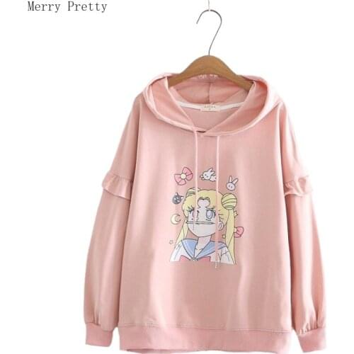 Women Sweet Style Hooded Sweatshirt Cartoon Print Ruffles Patchwork Hoodies 2020 Spring Loose Long Sleeve Girl Casual Pullovers
