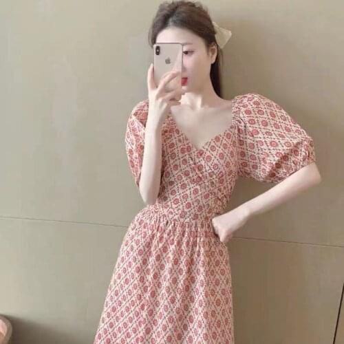 Bella 2021 New Summer New Open Back Bow A-line Pink Print Dress Short Sleeve V-neck Bubble Sleeve Office Lady Patchwork Vestidos