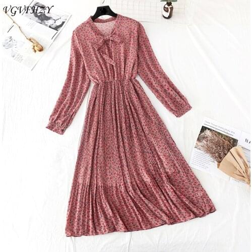 Bow-neck Floral print Women Dress Long-sleeve Chiffon Female Dress Pleated Long Vestidos Femme 2020 Spring summer dress