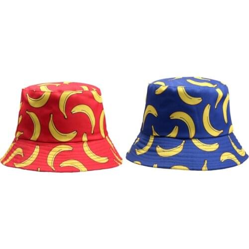 1 Pc 2021 Bucket Hat Men Women Bucket Cap Banana Print Yellow Hat Bob Hat Hip Hop Gorros Fishing Fisherman Hat Double Side Wear