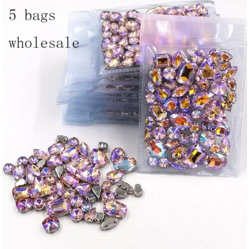 Free shipping Wholesale 5 bags mixed shape sew on glass Pink AB silver base rhinestones diy dress/Clothing accessories