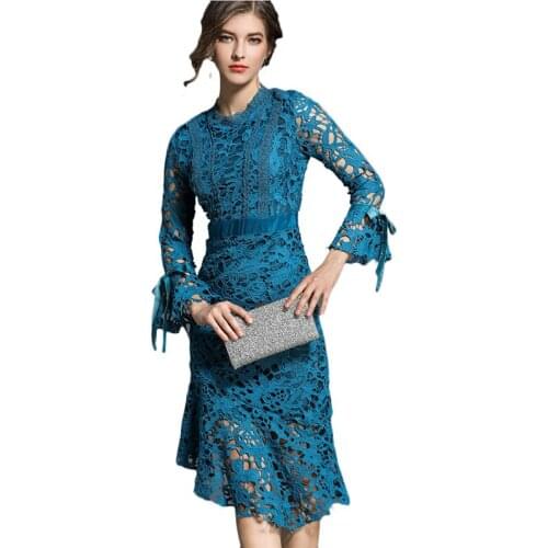 Brand Women Blue Water Soluble Lace Dress Spring Ladies Long Flare Sleeve Hollow Out Asymmetric Slim Mermaid Bodycon Dress