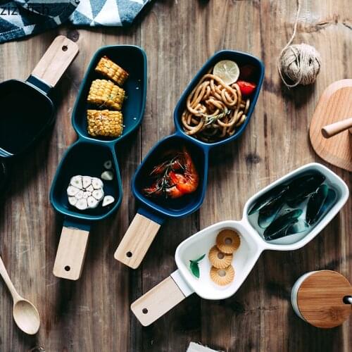 Ceramic Plate with Wooden Handle Two Grids Bowls Snacks Platter Fruit Plate Salad Bowl Dessert Plates Decorative Bowls Dishes