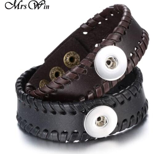 Leather Snap Jewelry Black Brown Braided Leather Snap Bracelet Fit 18mm Snap Button Jewelry Leather Bracelet for Women Men
