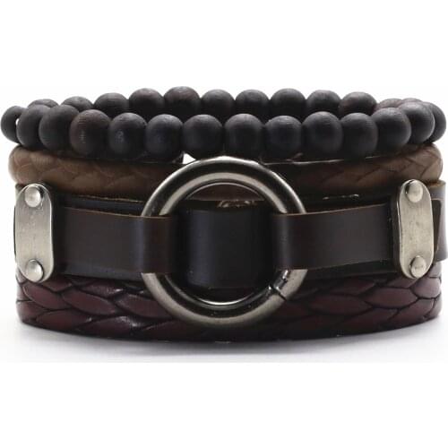 New Arrival Handmade Multilayer Brown Black Wood Beads Guitar Circle Charm Leather Women Men Bracelets Homme Femme Male Jewelry