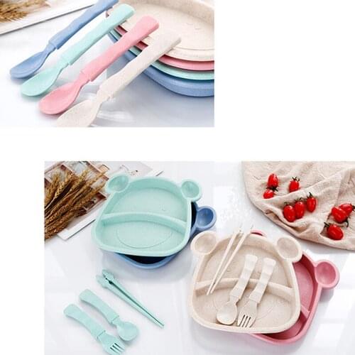 Baby Dishes Cute Wheat Student Portable Plate Set Fork Spoon Chopsticks Four-piece Cartoon Kids Tableware Utensil