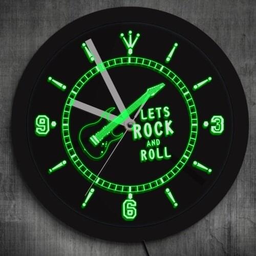 1Piece LETS ROCK N ROLL Neon Wall Clock Music Instrument Guitar Decorative Wall Clock With Color Changing LED Light Modern Decor