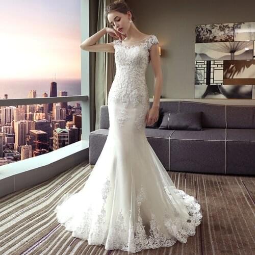 New wedding dress with Beads Lace Sleeveless O neck Backless Tulle Fish Bride dress women vestidos de noiva 2021