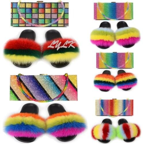 New Womens Fox Fur Slippers Ladies Fluffy Plush Slides Female Fashion Colorful Bling Rhinestone Dinner Bag Luxury Handbag Set
