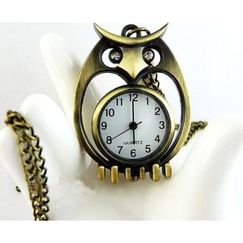 New Arrival OWL Pendant Watch Antique Chain Necklace Quartz Bronze pocket watch 12pcs/lot Pormotional Gift Free Shipping