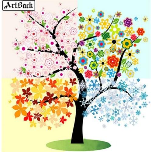 Full square round 5d diamond painting tree color season tree diamond mosaic embroidery set kids handmade stickers