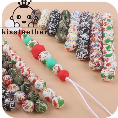 Kissteether 10pcs 15mm Silicone Christmas print Beads Baby Round Shaped Beads Teething BPA Free Sensory Chewing Toy Accessories