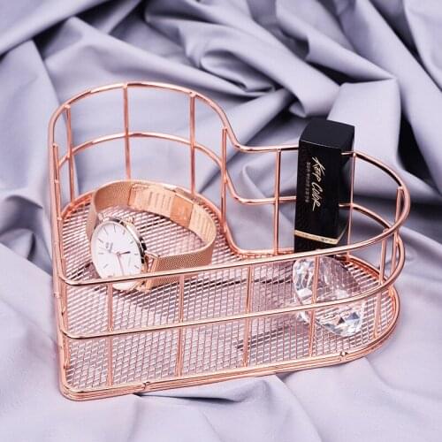 Nordic Simplicity Style Metal Heart-shaped Iron Storage Basket Holder Cosmetic Sundries Rose Gold Fruit Basket Organizer