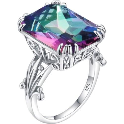 Szjinao Gemstone Ring For Women Rainbow Mystic Topaz 925 Sterling Silver Rings Boho Square Shape Engagement Engagement jewellery