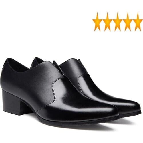 Black Pointed Toe Autumn Men Business Casual Genuine Leather Slip On Formal Wedding High Heel Shoes Male