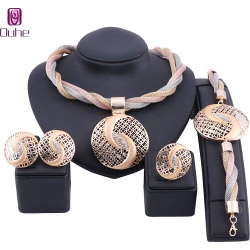 Chinese Tai Chi Jewelry Set Dubai Gold Crystal 3 Colors Chain Necklace Earring Bracelet Ring Nigerian Wedding Jewelry Set