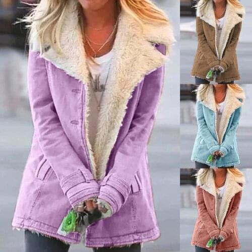 Women Winter Warm Coat Solid Color Buttons Lapel Turn-down CollarPlush Thick Outerwear Jacket Casual Femal Pink Grey streetwear
