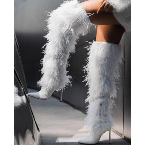 Sexy White Fringe Cross-tied Over Knee Boots Pointed Toe Tassel Stiletto Heels Women Runway Boots Shoes Lady Feather High Boots