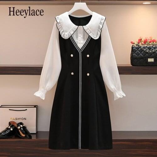 Plus Size 4XL Office Ladies Elegant Dress 2021 Ruff Collar Pearl Buttons Long Sleeve A Line Party Dresses women Vintage Clothing