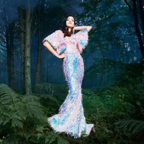 2019 New Arrival Pink Sequin Dress Evening Celebrity Party Short Sleeve Luxury Long Maxi Vestidos Fashion Elegant Wholesale