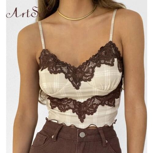 ArtSu Spaghetti Strap Plaid V-Neck Camis Tops Women Casual Camisole Sexy Slim Patchwork Lace Summer Crop Top Streetwear